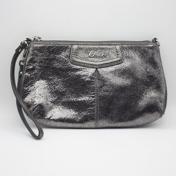 Coach Metallic Pewter Silver Zip Closed Wristlet - Picture 1 of 7